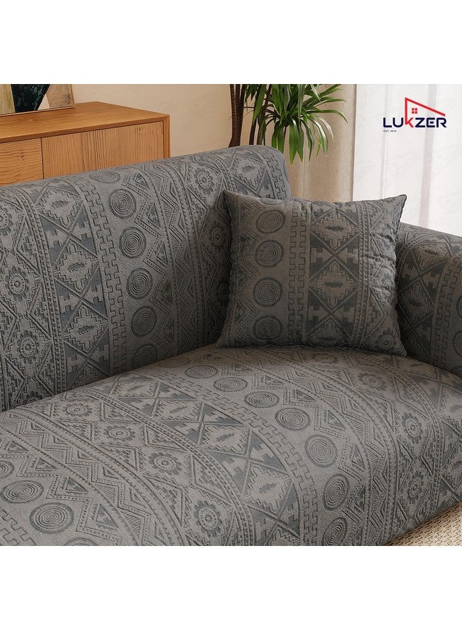 Lukzer غطاء أريكة لوكزر 5 مقاعد بلون رمادي داكن بتصميم قبلي | 240 جرام لكل متر مربع غطاء أريكة عالمي قابل للتمدد 3+1+1 من قماش جاكار | غطاء أريكة مضاد للانزلاق وقابل للغسل (SC-137-05) - Image 5