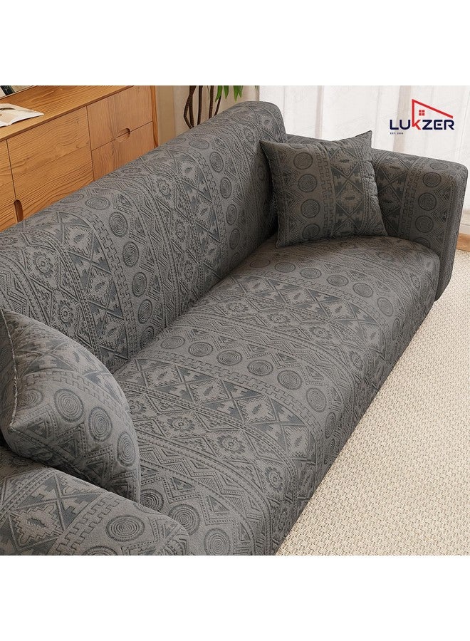 Lukzer غطاء أريكة لوكزر 5 مقاعد بلون رمادي داكن بتصميم قبلي | 240 جرام لكل متر مربع غطاء أريكة عالمي قابل للتمدد 3+1+1 من قماش جاكار | غطاء أريكة مضاد للانزلاق وقابل للغسل (SC-137-05) - Image 3