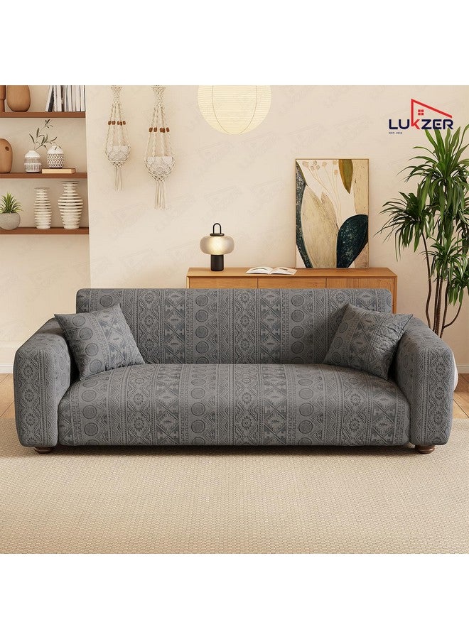 Lukzer غطاء أريكة لوكزر 5 مقاعد بلون رمادي داكن بتصميم قبلي | 240 جرام لكل متر مربع غطاء أريكة عالمي قابل للتمدد 3+1+1 من قماش جاكار | غطاء أريكة مضاد للانزلاق وقابل للغسل (SC-137-05) - Image 4