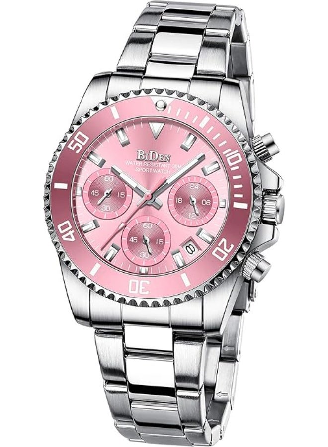 BIDEN Women Elegant Chronograph Rotatable Bezel Mineral Glass Luminous Watch Stainless Steel Waterproof Date Analog Quartz Watch Fashion Business Dress Wrist Watch - Image 1