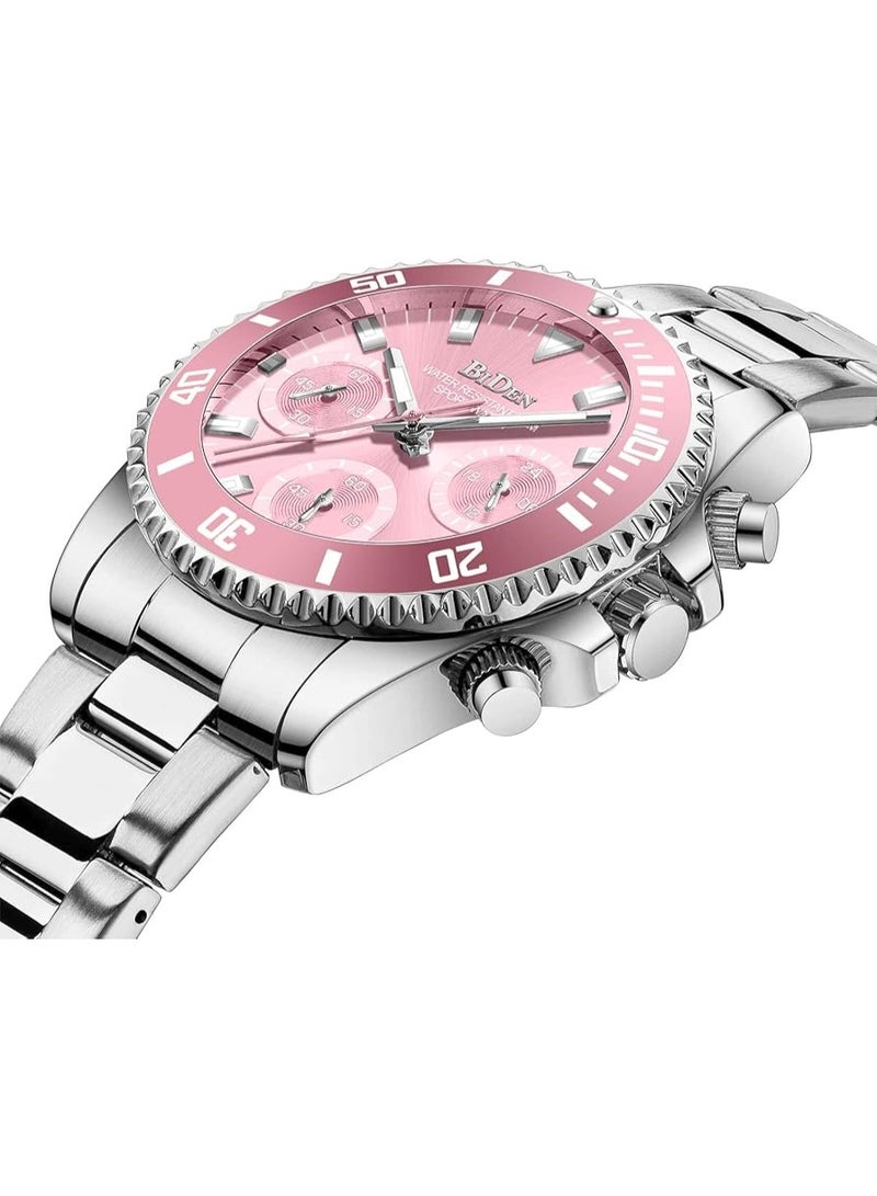 BIDEN Women Elegant Chronograph Rotatable Bezel Mineral Glass Luminous Watch Stainless Steel Waterproof Date Analog Quartz Watch Fashion Business Dress Wrist Watch - Image 2