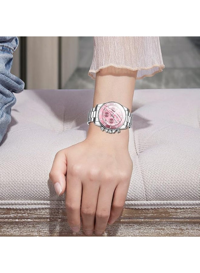 BIDEN Women Elegant Chronograph Rotatable Bezel Mineral Glass Luminous Watch Stainless Steel Waterproof Date Analog Quartz Watch Fashion Business Dress Wrist Watch - Image 3
