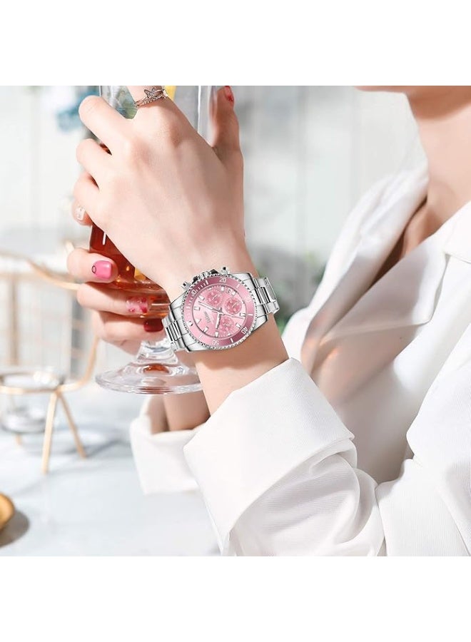 BIDEN Women Elegant Chronograph Rotatable Bezel Mineral Glass Luminous Watch Stainless Steel Waterproof Date Analog Quartz Watch Fashion Business Dress Wrist Watch - Image 4