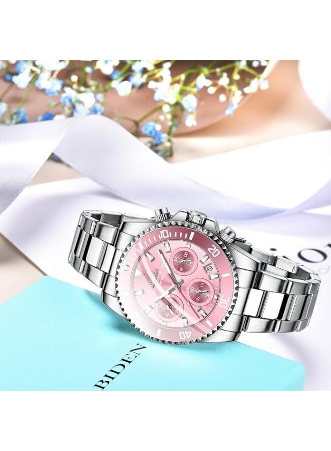 BIDEN Women Elegant Chronograph Rotatable Bezel Mineral Glass Luminous Watch Stainless Steel Waterproof Date Analog Quartz Watch Fashion Business Dress Wrist Watch - Image 5