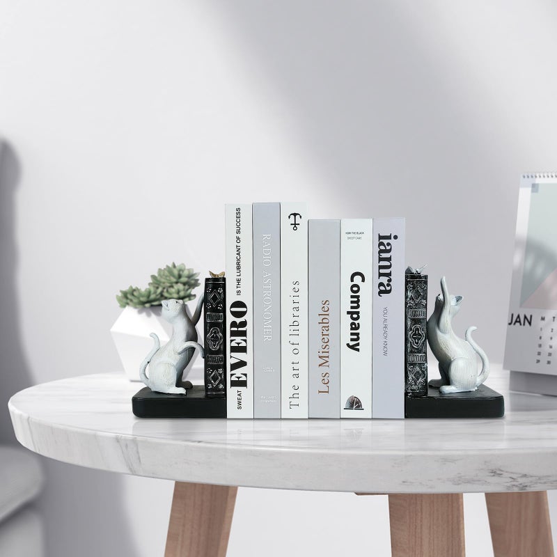 LIFFY Decorative Bookends, Heavy Duty Resin Cat Bookends, Non-Skid Bookshelf Stopper, Cute Cat Figures for Shelves, Study, Office Desk (White, 1 Piece) - Image 5