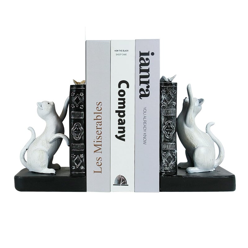 LIFFY Decorative Bookends, Heavy Duty Resin Cat Bookends, Non-Skid Bookshelf Stopper, Cute Cat Figures for Shelves, Study, Office Desk (White, 1 Piece) - Image 1
