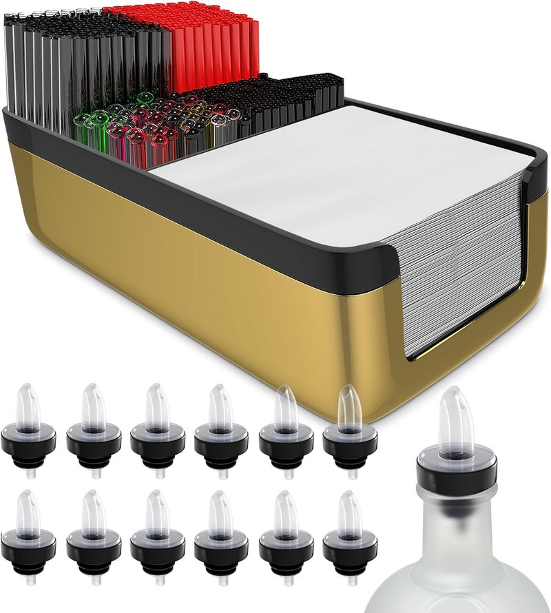 Esatto Professional Bar Products Premium Bar Caddy (Gold), Used to Easily Organize Bar Items and Workspace, With Additional 12 Pourers For Precision Pouring and 12 Pourer Covers - Image 1