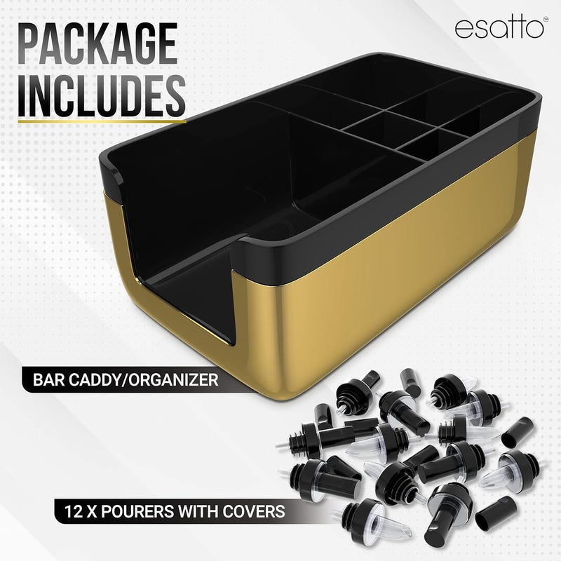 Esatto Professional Bar Products Premium Bar Caddy (Gold), Used to Easily Organize Bar Items and Workspace, With Additional 12 Pourers For Precision Pouring and 12 Pourer Covers - Image 2