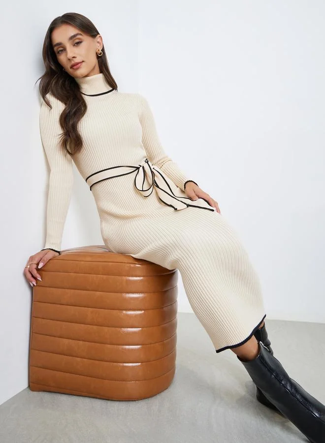 Styli Beige Ribbed Knit Sweater Midi Dress