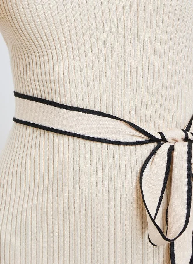 Styli Beige Ribbed Knit Sweater Midi Dress