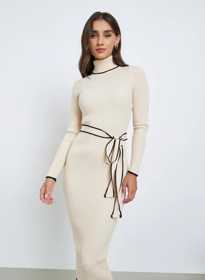 Styli Beige Ribbed Knit Sweater Midi Dress