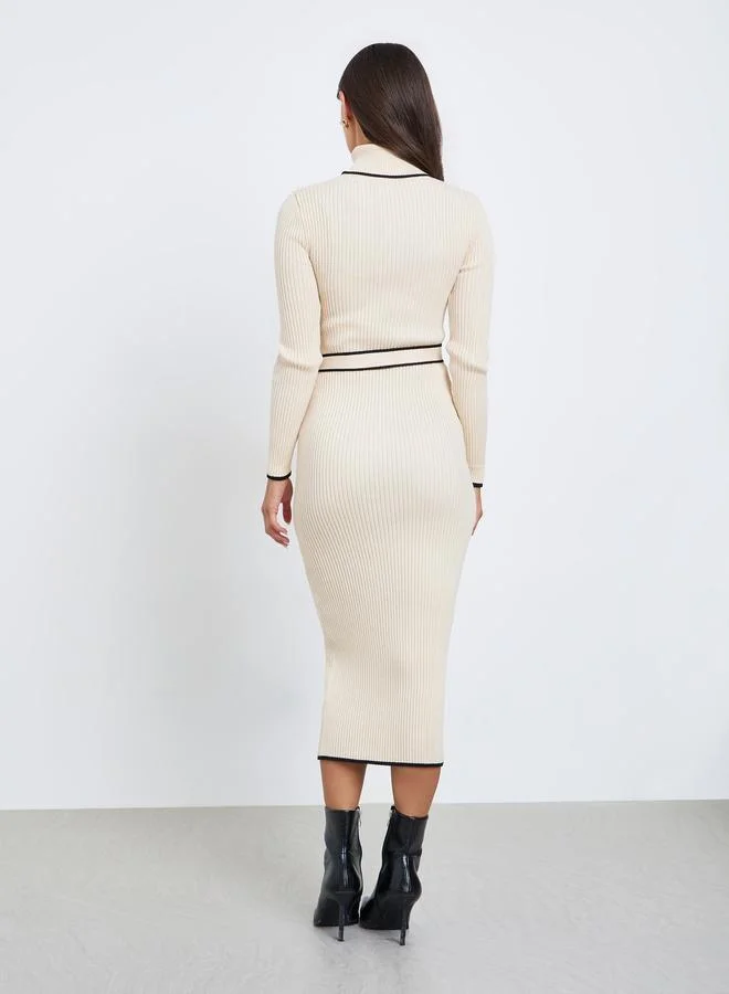 Styli Beige Ribbed Knit Sweater Midi Dress