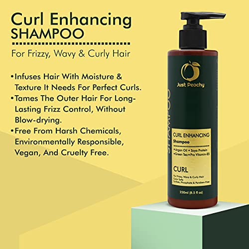 Just Peachy Curl Enhancing Shampoo | Moroccan Argan Oil; Soya Protein ; Green Tea & Pro Vitamin B5 | Color Safe | For Frizzy, Wavy & Curly Hair | No Sulfate, Paraben, Phosphates | 100% Vegan | 250ml - Image 2