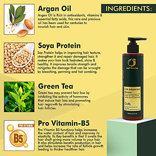 Just Peachy Curl Enhancing Shampoo | Moroccan Argan Oil; Soya Protein ; Green Tea & Pro Vitamin B5 | Color Safe | For Frizzy, Wavy & Curly Hair | No Sulfate, Paraben, Phosphates | 100% Vegan | 250ml - Image 4