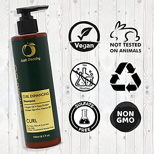 Just Peachy Curl Enhancing Shampoo | Moroccan Argan Oil; Soya Protein ; Green Tea & Pro Vitamin B5 | Color Safe | For Frizzy, Wavy & Curly Hair | No Sulfate, Paraben, Phosphates | 100% Vegan | 250ml - Image 3