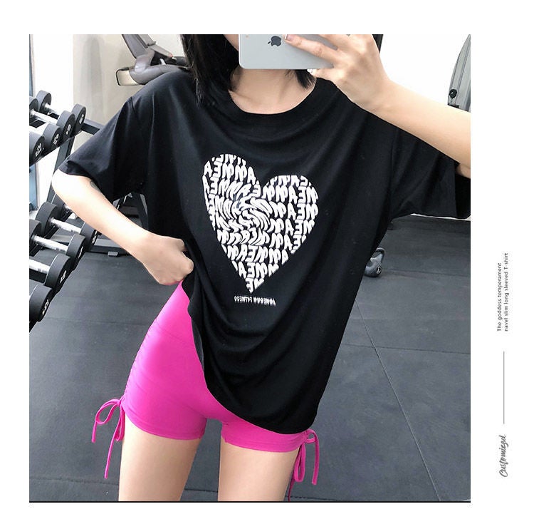 Generic Printed Loose Gym Top Women Quick-Dry Casual Yoga Tee Lin #986 black top