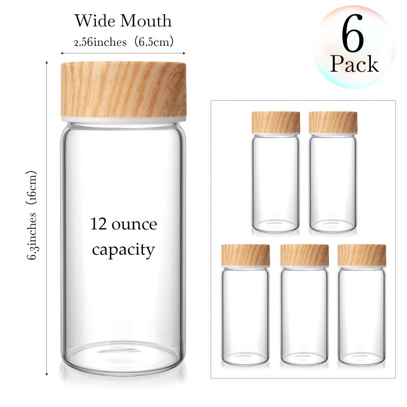 Nuogo 6 Pack Glass Juice Bottles with Lids 12 oz Wide Mouth with Wood Grain Pattern Cap Juicing Drinking Glass Bottles Reusable Airtight Cups Leak Proof Milk Tea Smoothies Beverage Storage(Natural) - Image 2