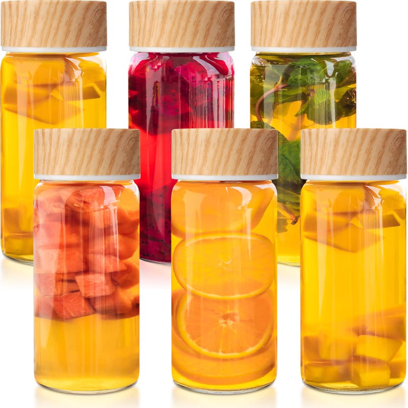 Nuogo 6 Pack Glass Juice Bottles with Lids 12 oz Wide Mouth with Wood Grain Pattern Cap Juicing Drinking Glass Bottles Reusable Airtight Cups Leak Proof Milk Tea Smoothies Beverage Storage(Natural) - Image 1