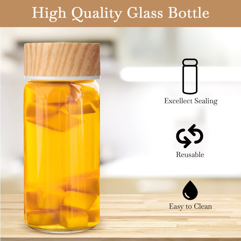 Nuogo 6 Pack Glass Juice Bottles with Lids 12 oz Wide Mouth with Wood Grain Pattern Cap Juicing Drinking Glass Bottles Reusable Airtight Cups Leak Proof Milk Tea Smoothies Beverage Storage(Natural) - Image 3