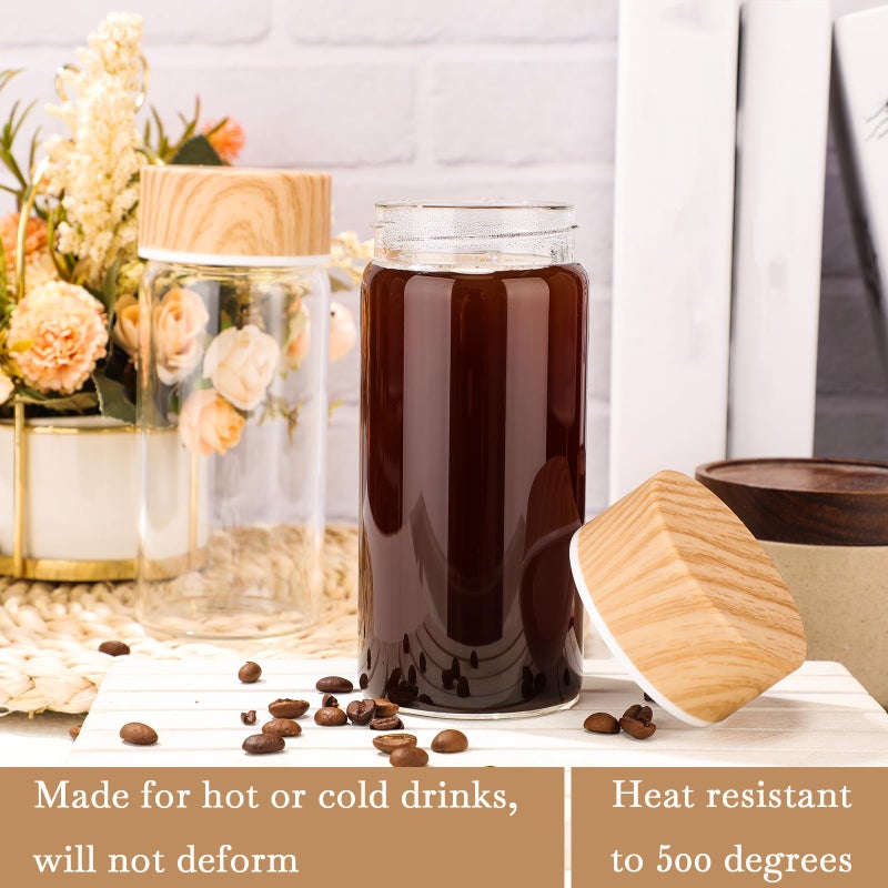 Nuogo 6 Pack Glass Juice Bottles with Lids 12 oz Wide Mouth with Wood Grain Pattern Cap Juicing Drinking Glass Bottles Reusable Airtight Cups Leak Proof Milk Tea Smoothies Beverage Storage(Natural) - Image 5