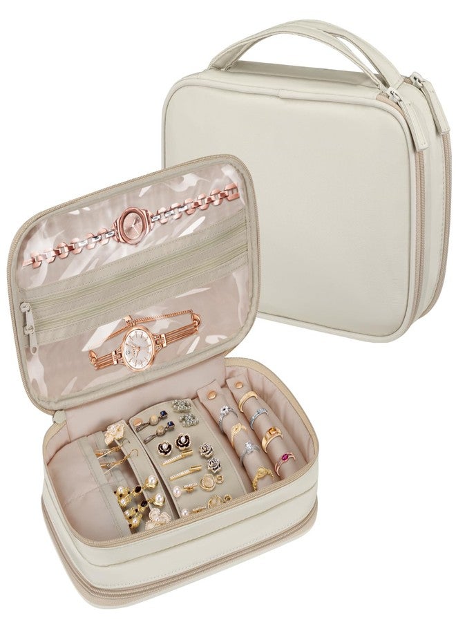 SKYREH Jewelry Travel Organizer Case, Double Layer Portable Jewelry Storage Bag Zipper Jewelry Organizer Pouch for Women Girls, Rings, Necklaces, Earrings, Bracelets, Watches, White - Image 1
