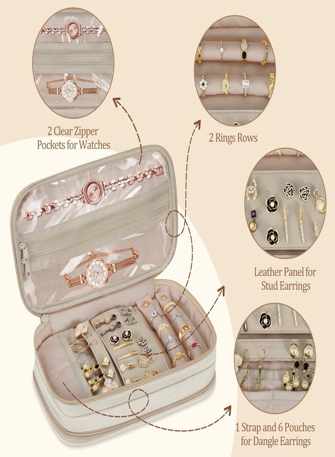 SKYREH Jewelry Travel Organizer Case, Double Layer Portable Jewelry Storage Bag Zipper Jewelry Organizer Pouch for Women Girls, Rings, Necklaces, Earrings, Bracelets, Watches, White - Image 3