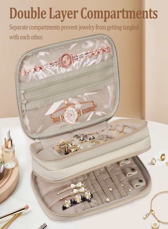 SKYREH Jewelry Travel Organizer Case, Double Layer Portable Jewelry Storage Bag Zipper Jewelry Organizer Pouch for Women Girls, Rings, Necklaces, Earrings, Bracelets, Watches, White - Image 2