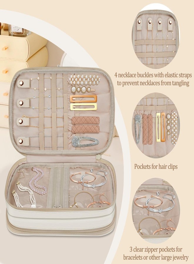 SKYREH Jewelry Travel Organizer Case, Double Layer Portable Jewelry Storage Bag Zipper Jewelry Organizer Pouch for Women Girls, Rings, Necklaces, Earrings, Bracelets, Watches, White - Image 4