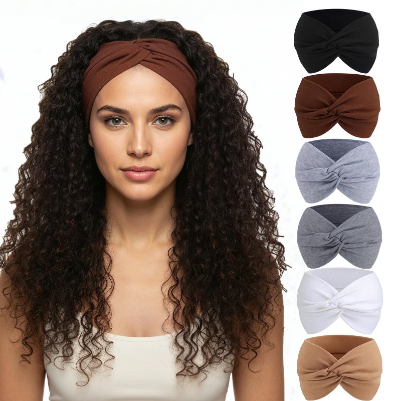 obeoby 6 Pack Wide Turban Headbands for Workout Yoga, 6inch Non Slip Boho Knotted Hair Bands for Lady Large African Wide Hair Wrap - Image 1