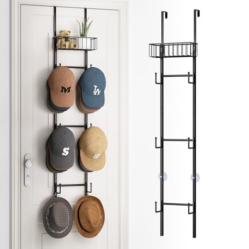 HapiRm Over Door Hat Rack Wall Mounted Hat Organizer with 6 Hooks and Metal Basket Design Baseball Cap Organizer Storage Holder Up to 32 Caps for Door Bedroom Closet Black - Image 1