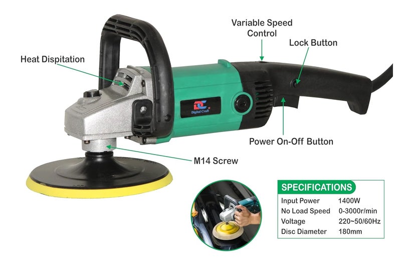 Digital Craft Adjustable Speed Car Buffer Polishing Waxing Machine Vehicle Surface Paint Care Washing Polisher Vehicle Polisher Machine7Inch Orange Sponge Pad7Inch Blue Wave Sponge Pad - Image 2
