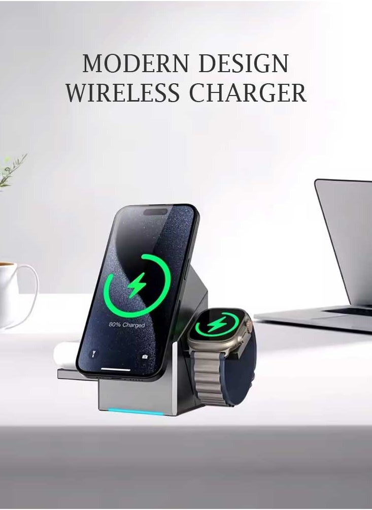 Generic - New Generation 3-in-1 Magnetic Pop-up Design Wireless Charger | High-tech Auto Rotation Charging Station | 15W Fast Charging Compatible with iPhone, Watch, and Earbuds - Image 1