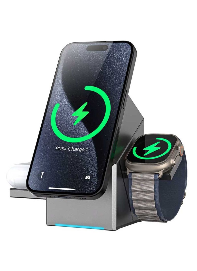 New Generation 3-in-1 Magnetic Pop-up Design Wireless Charger | High-tech Auto Rotation Charging Station | 15W Fast Charging Compatible with iPhone, Watch, and Earbuds
