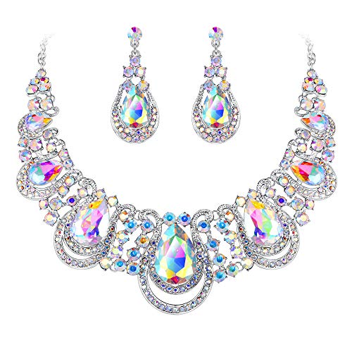 BriLove Costume Fashion Jewelry Set for Women Crystal Teardrop Hollow Scroll Statement Necklace Dangle Earrings Iridescent AB Silver-Tone - Image 1