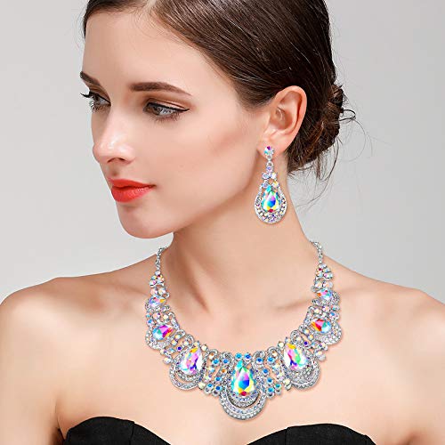 BriLove Costume Fashion Jewelry Set for Women Crystal Teardrop Hollow Scroll Statement Necklace Dangle Earrings Iridescent AB Silver-Tone - Image 2