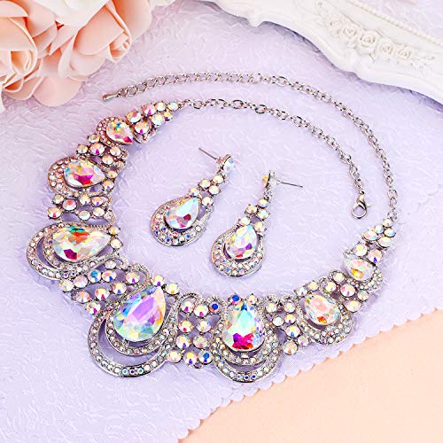 BriLove Costume Fashion Jewelry Set for Women Crystal Teardrop Hollow Scroll Statement Necklace Dangle Earrings Iridescent AB Silver-Tone - Image 3
