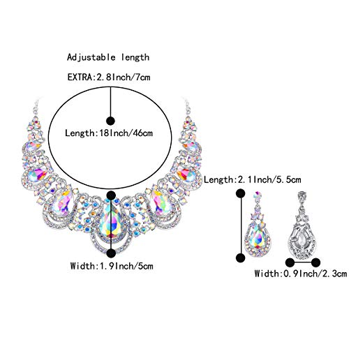BriLove Costume Fashion Jewelry Set for Women Crystal Teardrop Hollow Scroll Statement Necklace Dangle Earrings Iridescent AB Silver-Tone - Image 4