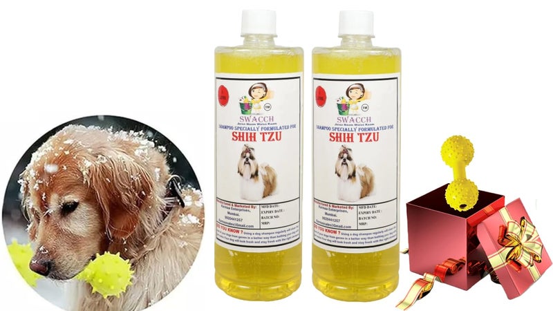 swacch Shih Tzu Dog Shampoo + Dumbbell Toy I Durable Rubber Dog Toy for Chewing I Playing,Teeth Cleaning & Training Toy I Combo Pack I 1 Litre Pack of 2 Lemon - Image 1