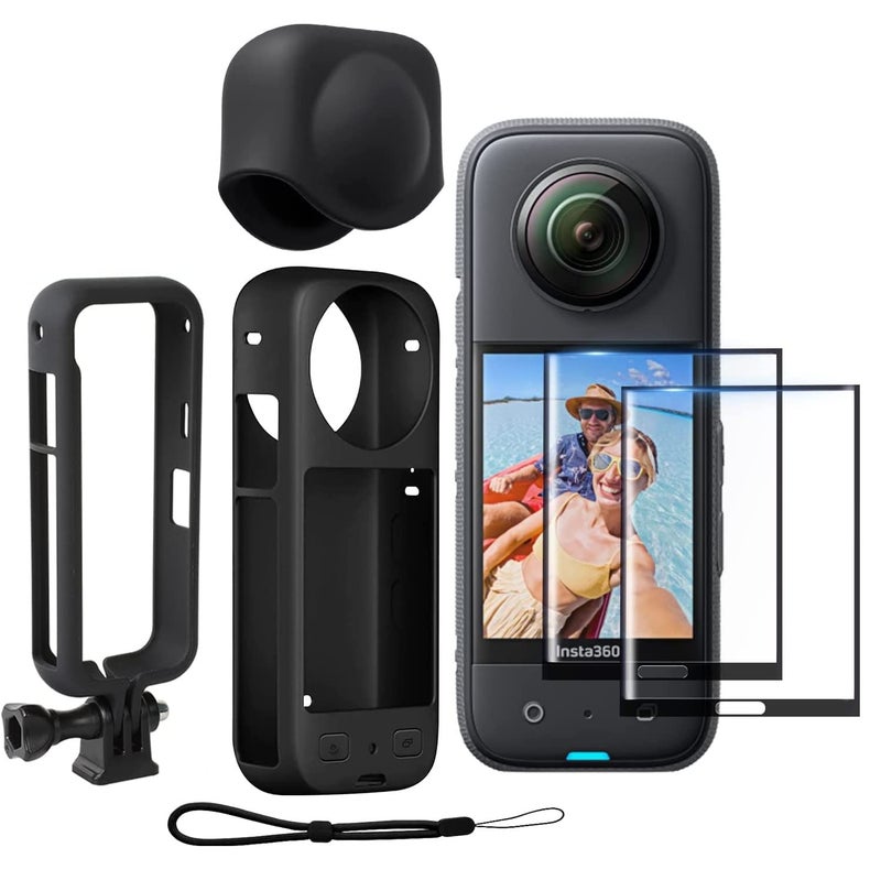 ADOFYS Action Camera Accessories Kit for Insta360 ONE X3 - Protective Camera Housing Frame with 1/4" Thread Adapter, Silicone Protective Case, Lens Cap, 2 pcs Screen Tempered Film Protector - Image 1