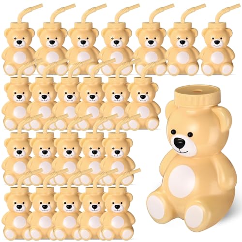 Maxdot 24 Pcs Bear Cups with Straws 10 oz Plastic Bear Shape Cup Reusable Creative Cups Bulk for Baby Shower Birthday Party Favor Gift SuppliesLight Brown - Image 1