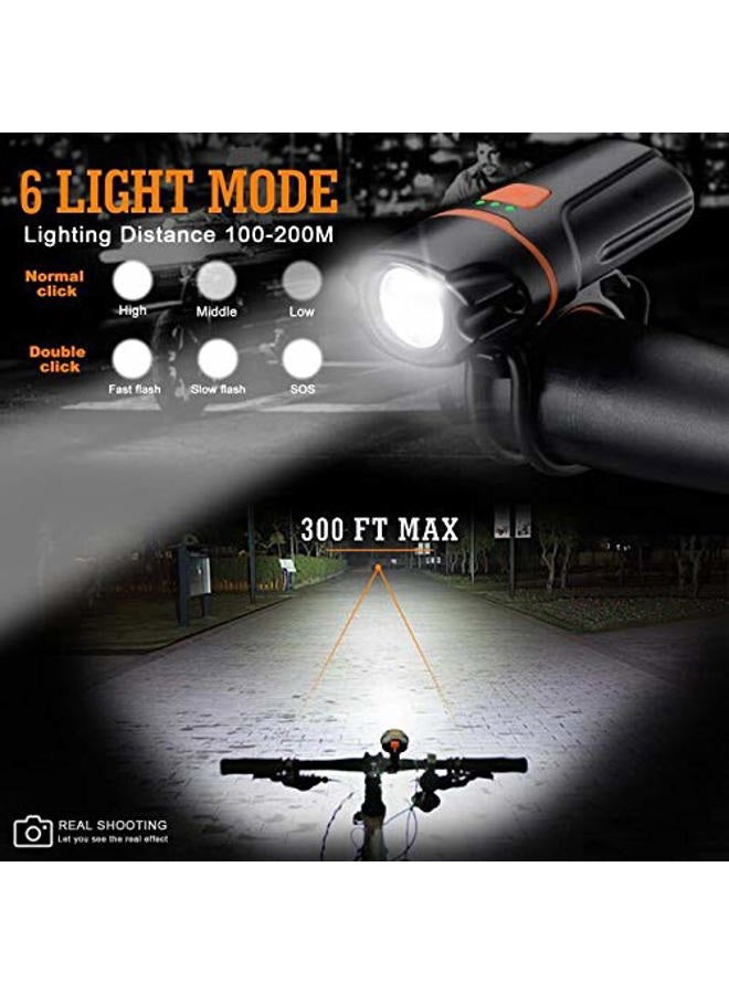 Wastou Bike Lights, Super Bright Bike Front Light 1200Lumen, IPX6 Waterproof 6 Modes Cycling Light Flashlight Torch with USB Rechargeable Tail Light(USB Cable Included) (Black) - Image 4