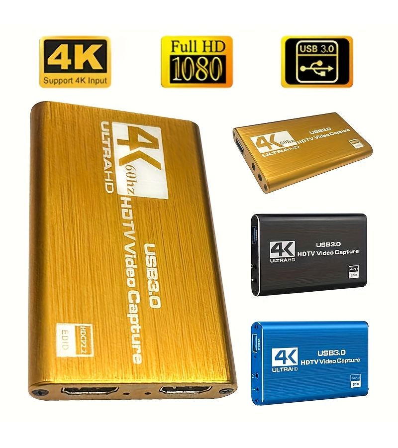 بطاقة التقاط فيديو 4K Ultra HD 60Hz USB 3.0 مسجل فيديو عالي الدقة 1080P 60 إطارًا في الثانية متوافقة مع بث الألعاب المباشر و OBS ذهبي - Image 1