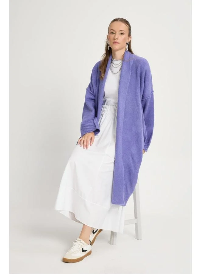 mina aise Lilac Thin Stitch Detailed Long Oversize Soft Knit Cardigan 26257.