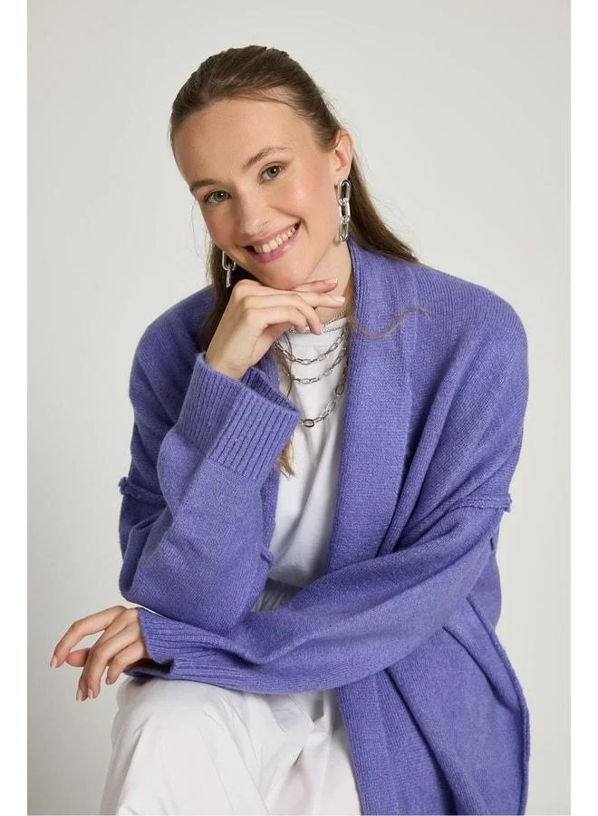 mina aise Lilac Thin Stitch Detailed Long Oversize Soft Knit Cardigan 26257.