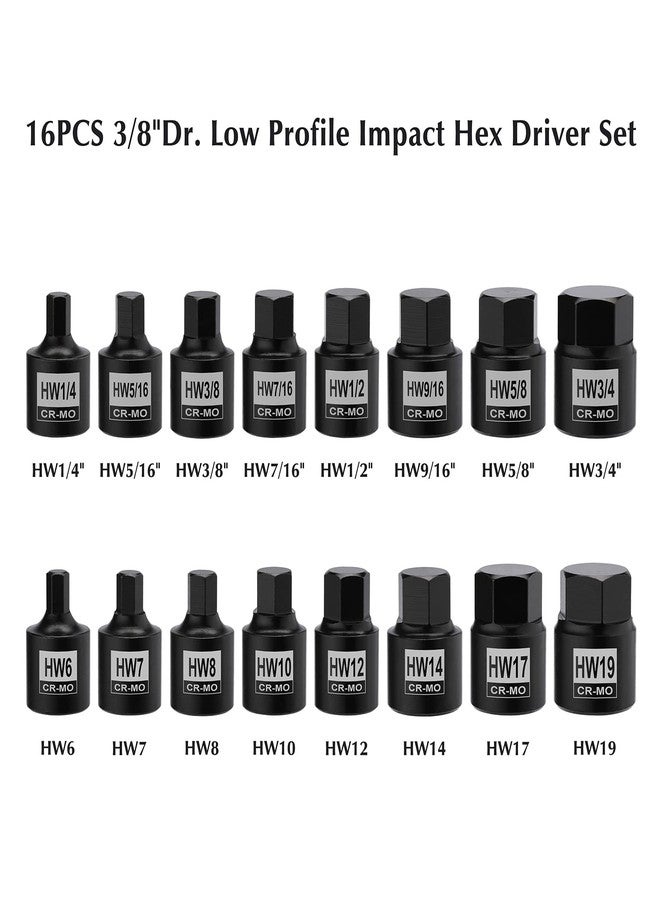 EMENTOL 16PCS 3/8" Drive Low Profile Impact Hex Driver Set, SAE/Metric, CR-MO, 16 Pieces Hex Bit Socket Set, 1/4 Inch - 3/4 Inch, 6mm - 19mm - Image 2