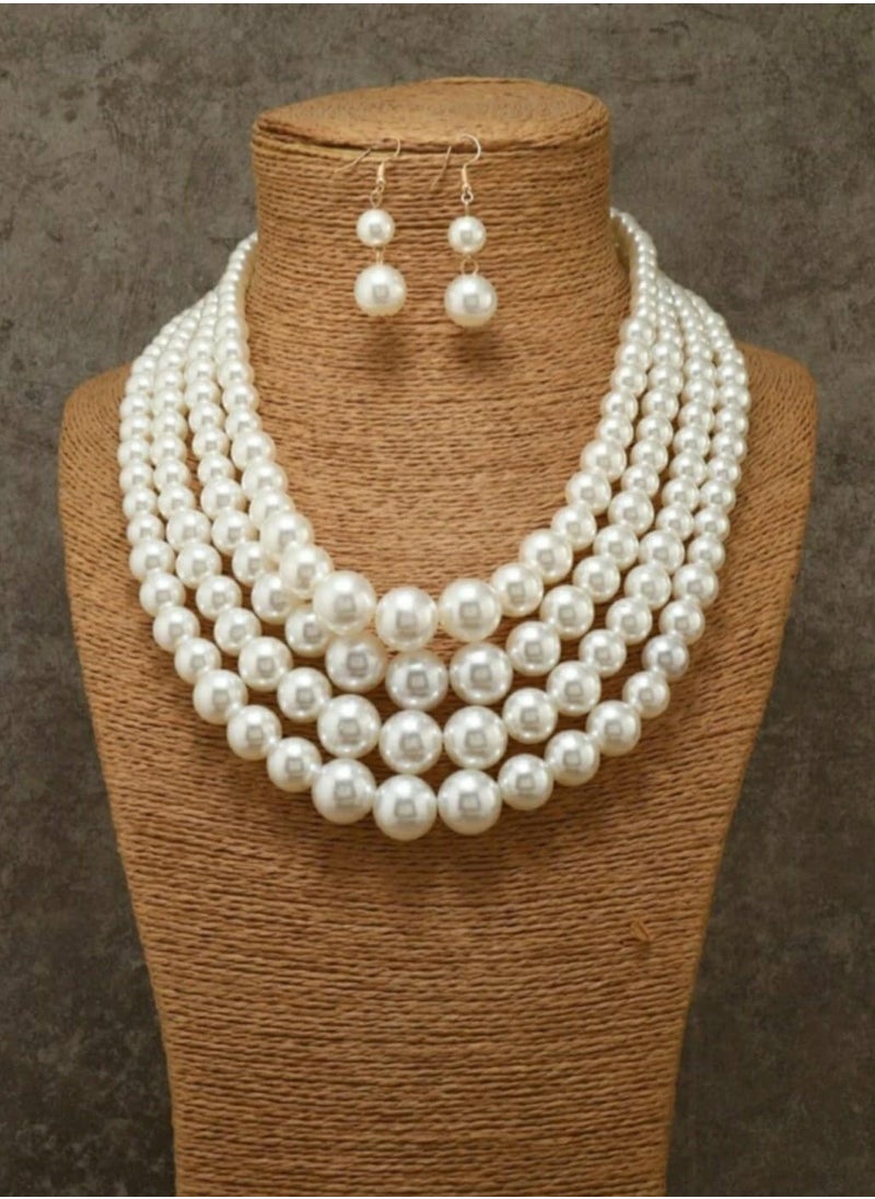 اكسوارات ار ايه طقم عقد و حلق لؤلؤ (لولى) بلون الاوف وايت - 4 صفوف  - Image 1