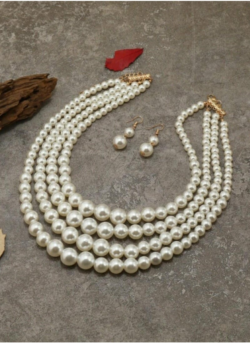 اكسوارات ار ايه طقم عقد و حلق لؤلؤ (لولى) بلون الاوف وايت - 4 صفوف  - Image 2