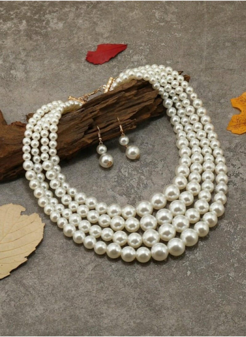 اكسوارات ار ايه طقم عقد و حلق لؤلؤ (لولى) بلون الاوف وايت - 4 صفوف  - Image 3