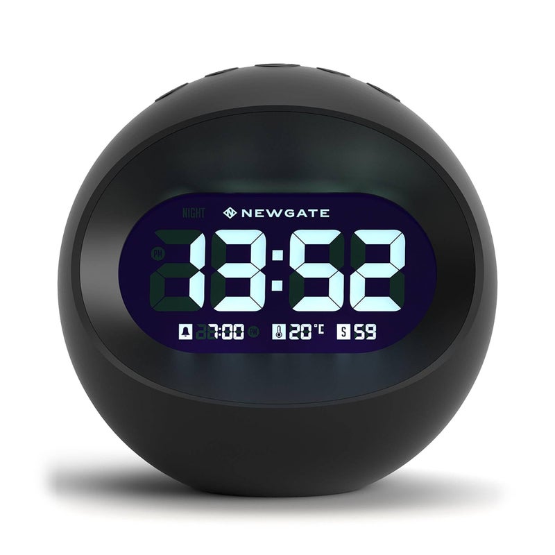 NEWGATE Centre of The Earth Alarm Clock  Round Retro Digital LCD Clock  Black  Ideal for Bedside Desk or Shelf  Retro Bedroom  Office Accessory