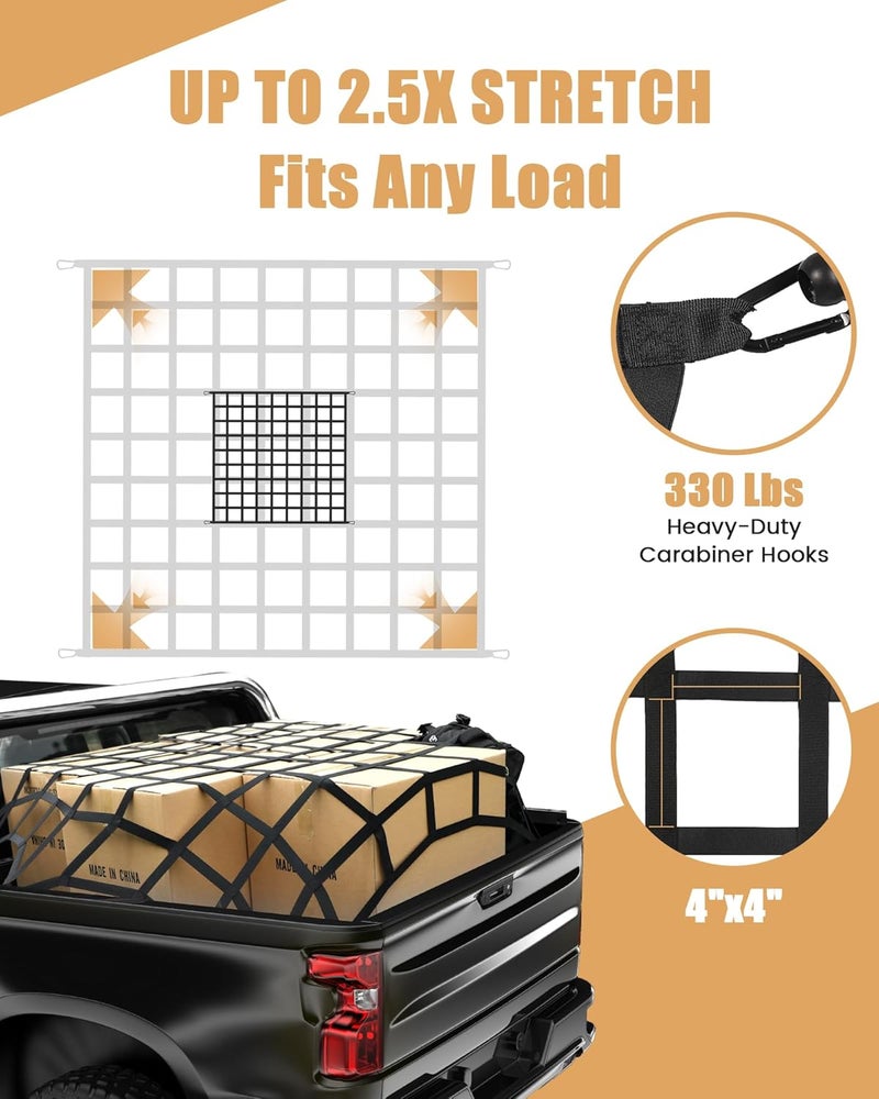 LuckyStraps The First Flat Bungee Cargo Net for Pickup Truck Bed, 4' x 6' Stretches to 10' x 15', 25 MM Heavy Duty Cargo Net with 2 Using Modes, for Dodge RAM, Ford, Chevy, Toyota, etc Reliable daily use design - Image 3